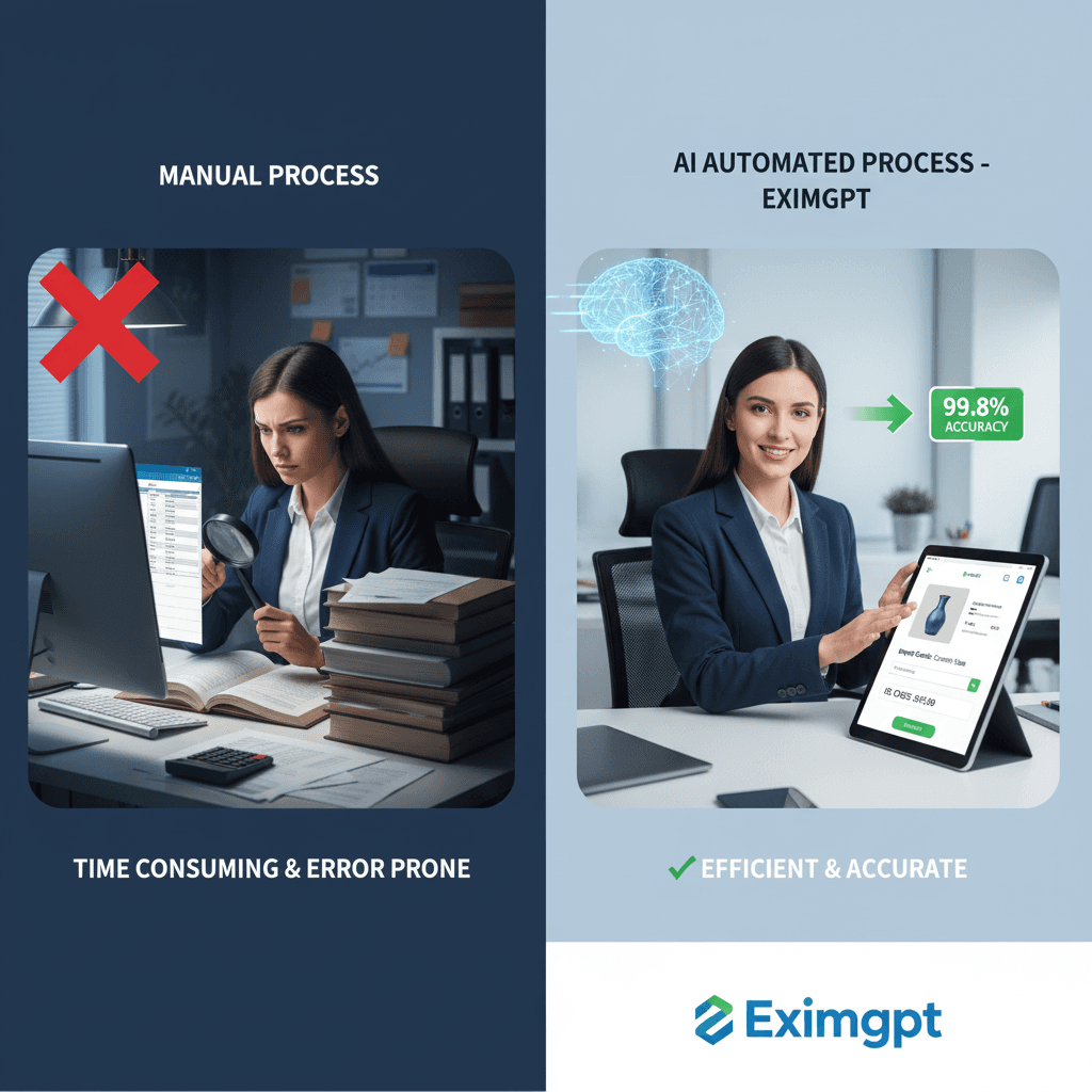 Comparison of manual process versus automated find HS code using AI technology.