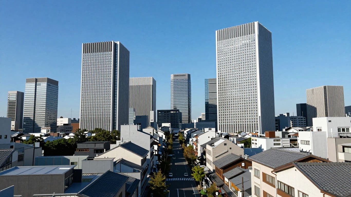 Japanese cityscape with a winding path.