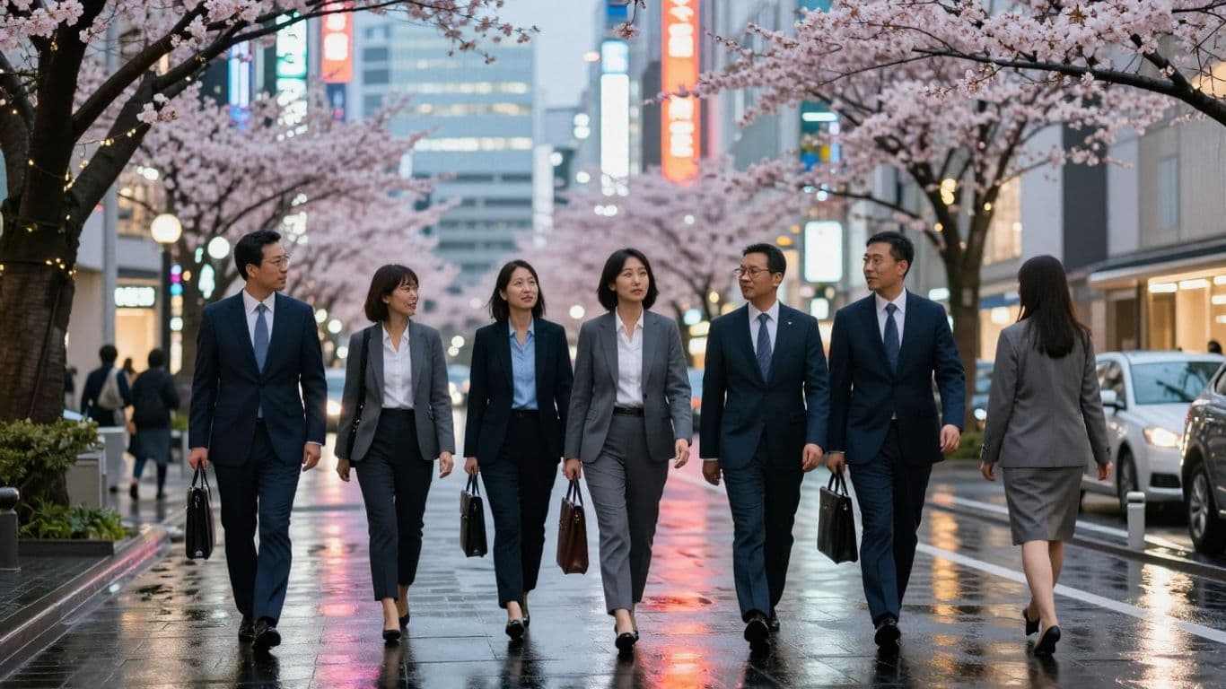 Business professionals in Tokyo with cherry blossoms.