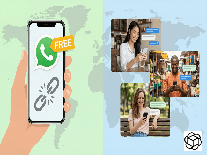 A split-panel graphic. The left side shows a hand holding a phone with a "FREE" WhatsApp logo and a broken chain. The right side shows a diverse group of people across the globe using their phones to chat, on a world map background.