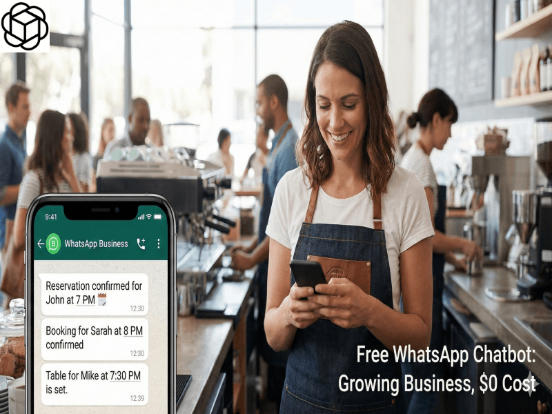 A photo of a smiling cafe owner looking at her phone, which displays a WhatsApp Business chat with automated reservation confirmations. A graphic in the corner says, "Free WhatsApp Chatbot: Growing Business, $0 Cost.