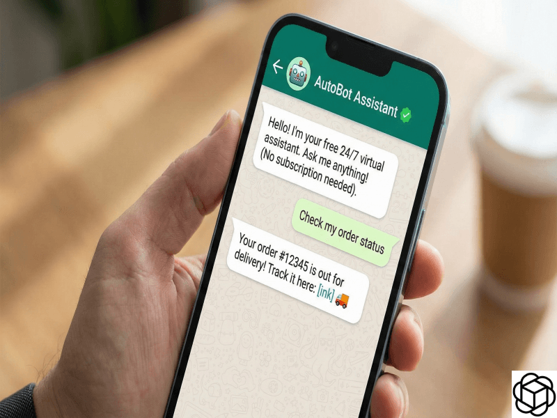 A close-up photograph of a hand holding a smartphone displaying a WhatsApp chat. The chat is with "AutoBot Assistant," a free virtual assistant that has just confirmed a user's order and provided a tracking link.