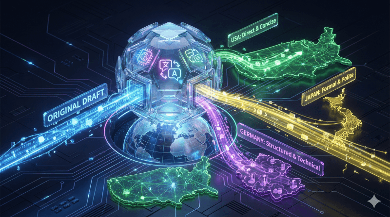 Digital map interface displaying regional business communication tones for the USA, EU, and APAC.