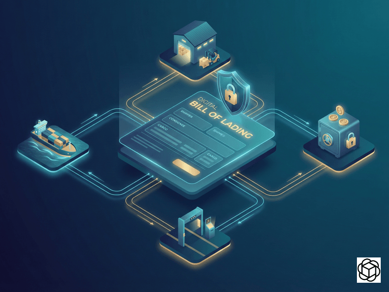 Isometric diagram showing a secure Digital Bill of Lading connecting a warehouse, cargo ship, scanner, and safe.