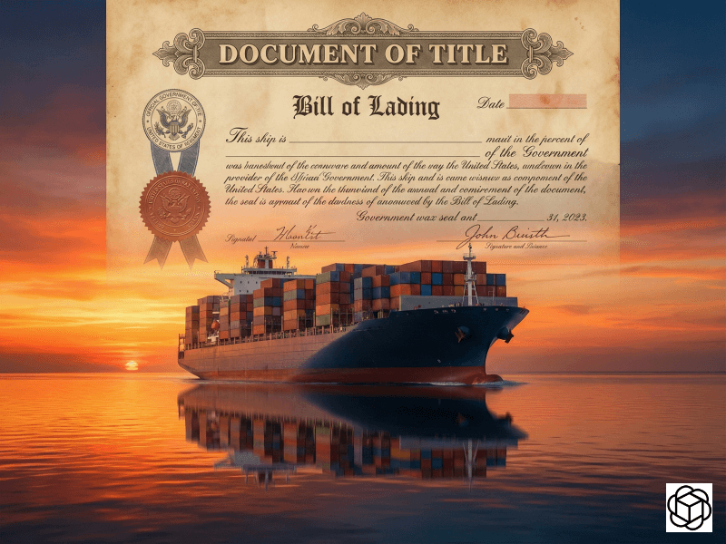 Cargo ship at sea overlaid with a vintage Document of Title and Bill of Lading scroll with official seals.