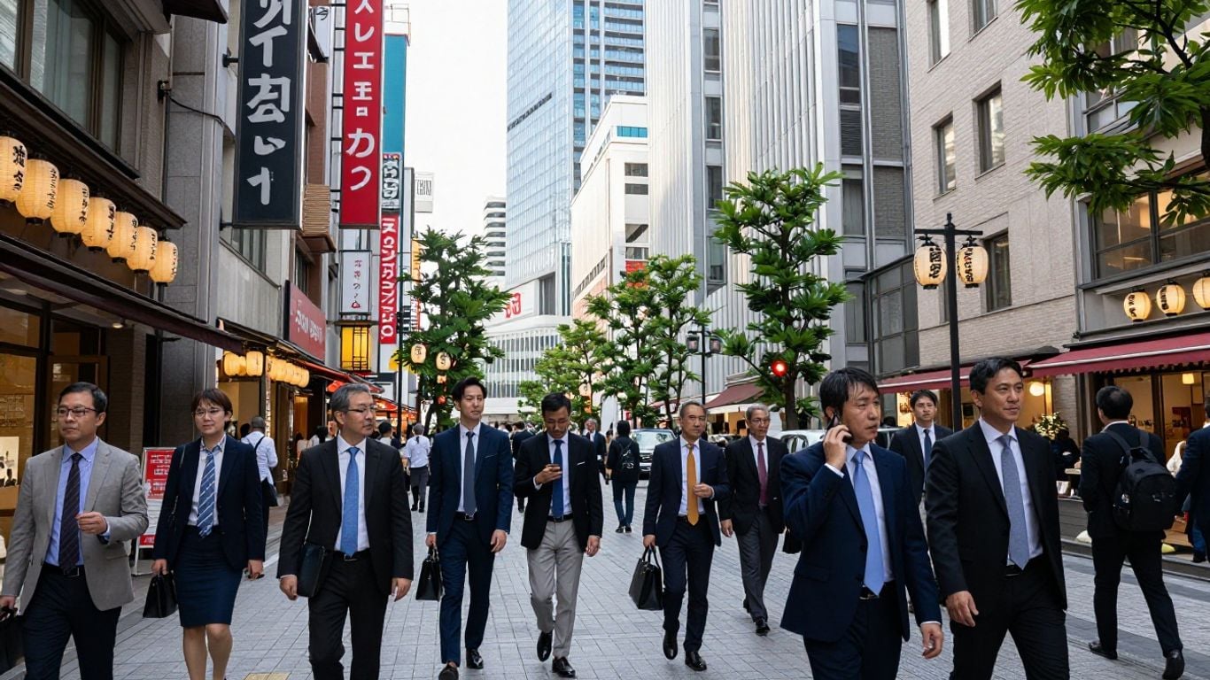 Business professionals in Tokyo, Japan, with skyscrapers and lanterns.