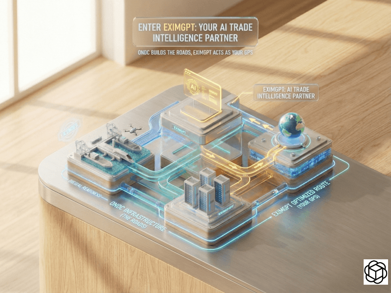 EximGPT concept art depicted as an AI GPS navigating the digital roads of ONDC infrastructure.