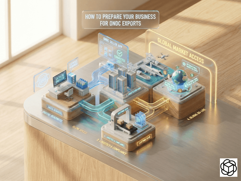 Four-step infographic on preparing business for ONDC exports, from digital readiness to global go-live.