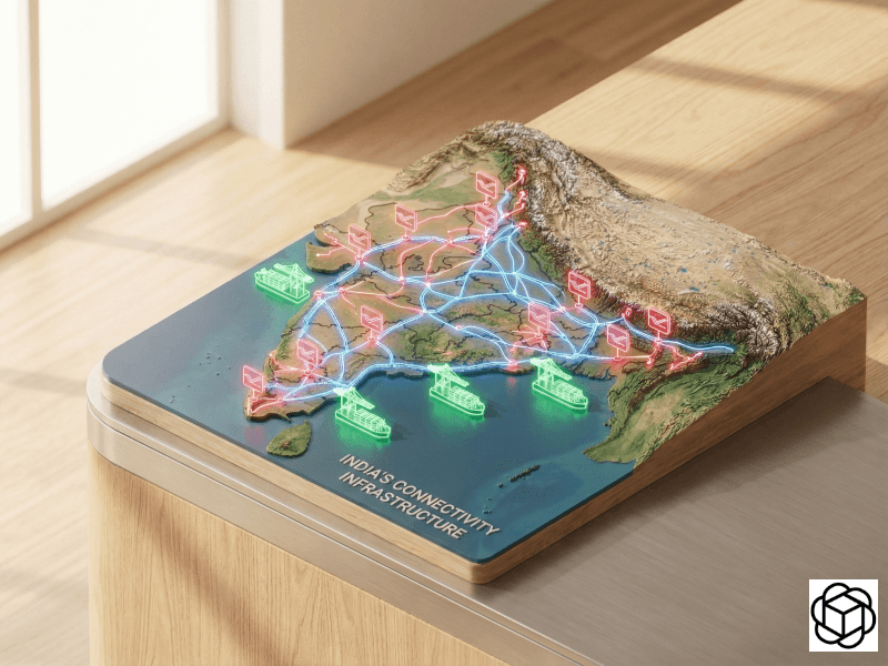 3D map of India showing connectivity infrastructure with glowing digital logistics routes and ports.