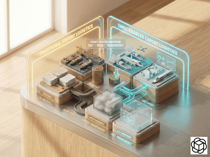 Comparison showing ONDC-enabled export logistics offering lower cost, speed, and transparency.
