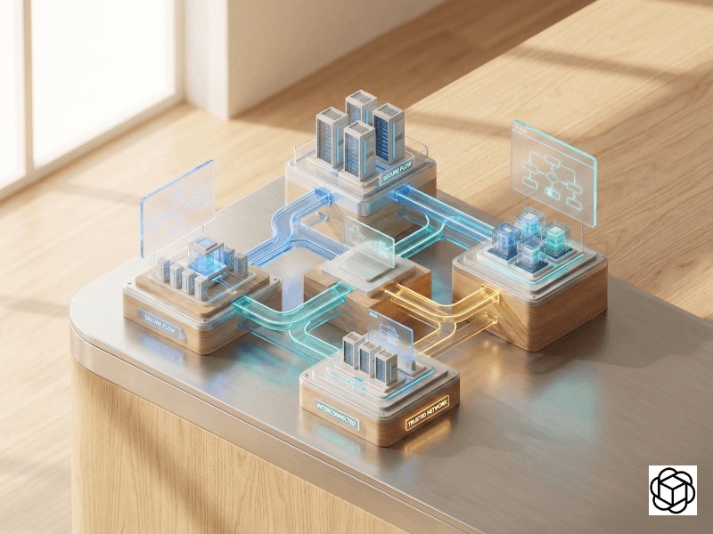 Isometric illustration of a secure, interconnected, and trusted digital network architecture.