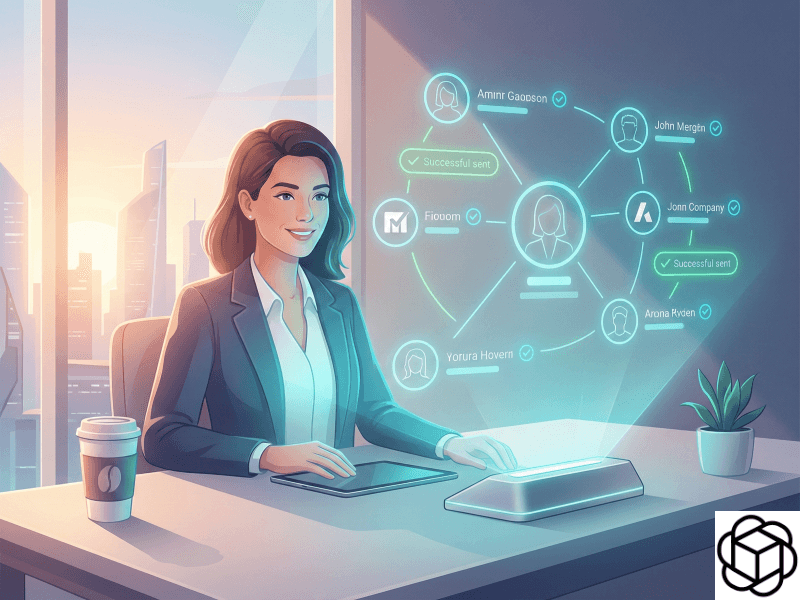 Professional using a holographic email finder interface to locate and verify contact network connections.