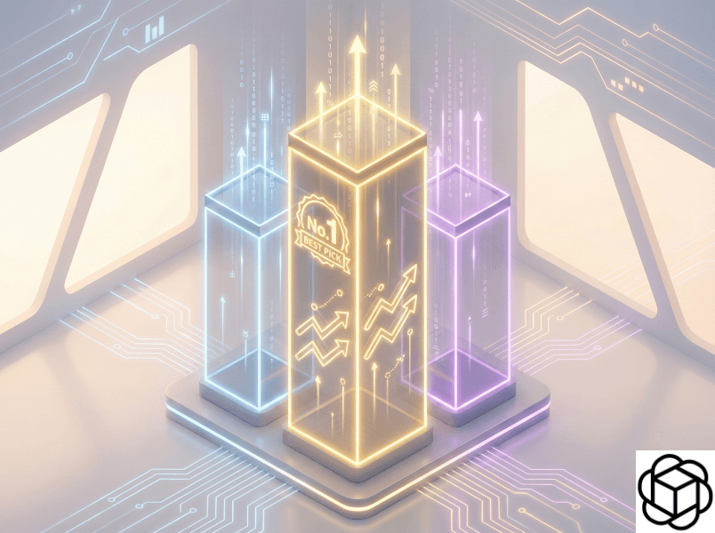 Glowing data pillar labeled No. 1 Best Pick, symbolizing top-rated email finder software performance.