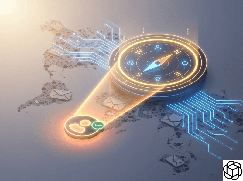 Digital compass locating a verified contact on a world map, illustrating global email finder accuracy.