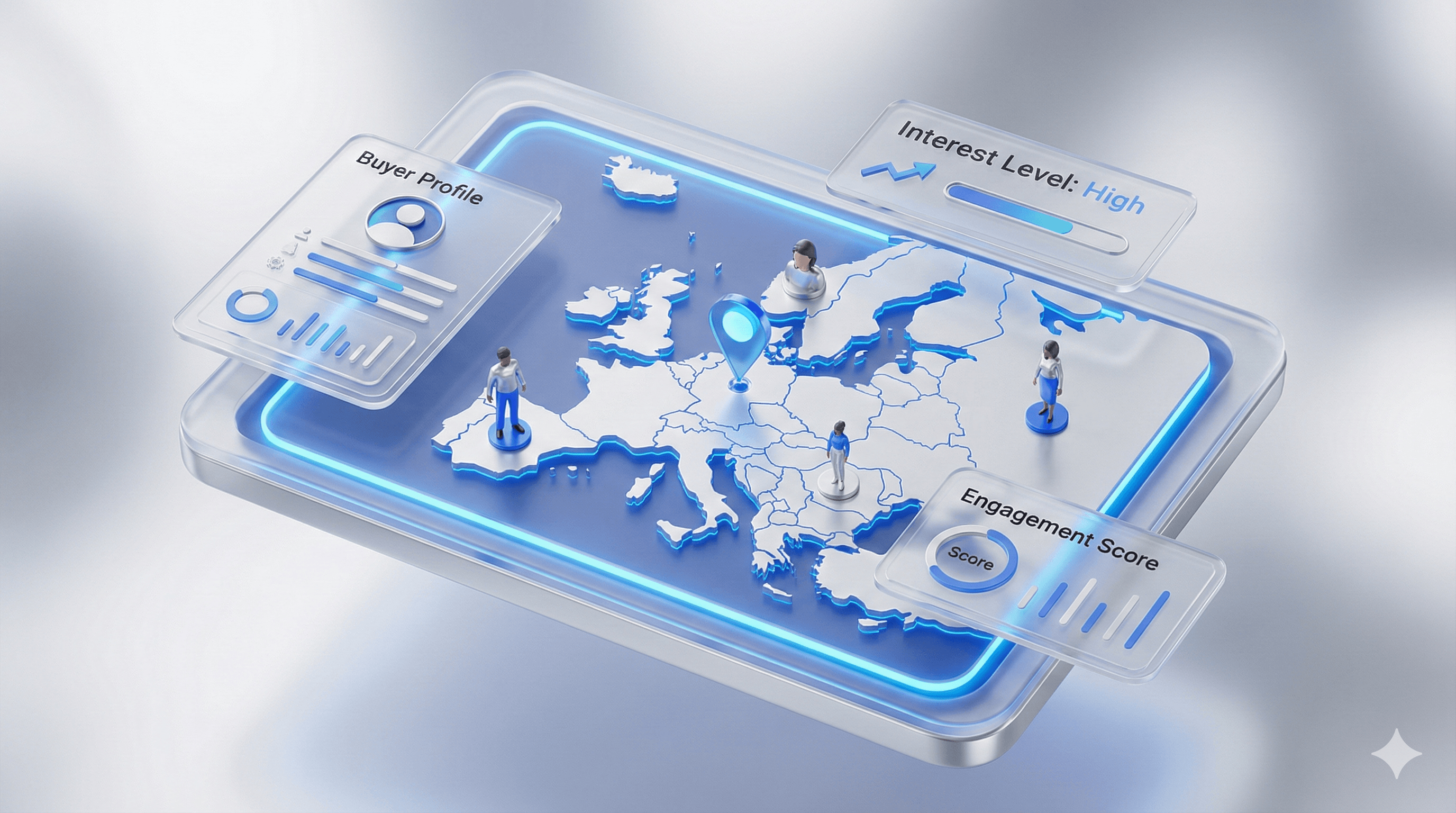 3D visualization of B2B buyer profiles and engagement scores on a European map, showcasing the lead generation capabilities of EximGPT and Apollo tools on TradeAtlas.