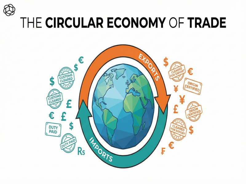 A minimalist vector infographic illustrating the circular economy of international trade. A central stylized globe is encircled by two directional arrows: an orange outbound arrow representing exports and a teal inbound arrow representing imports. Peripheral icons depicting customs stamps and currency symbols frame the central figure.