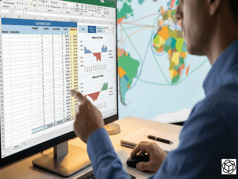 An over-the-shoulder perspective of a supply chain analyst reviewing data on a computer monitor. The screen displays a detailed "Landed Cost" spreadsheet alongside "Balance of Trade" statistical charts. A blurred world map is visible in the background, providing context for global trade strategy.
