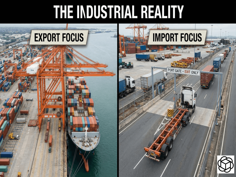 A minimalist vector infographic illustrating the circular economy of international trade. A central stylized globe is encircled by two directional arrows: an orange outbound arrow representing exports and a teal inbound arrow representing imports. Peripheral icons depicting customs stamps and currency symbols frame the central figure.