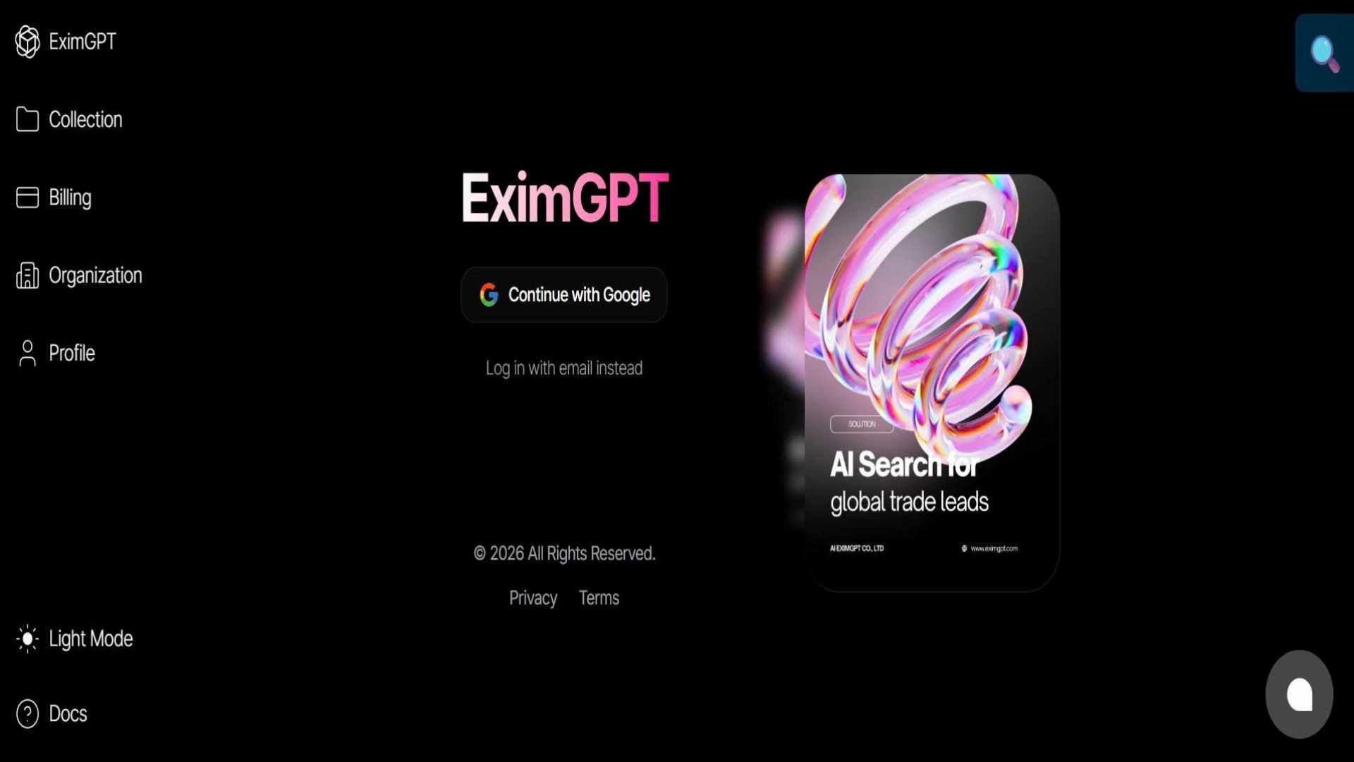 Dark mode user interface for the EximGPT web app, showcasing a professional login screen with features for collection, billing, organization, and AI-driven search for global trade leads.