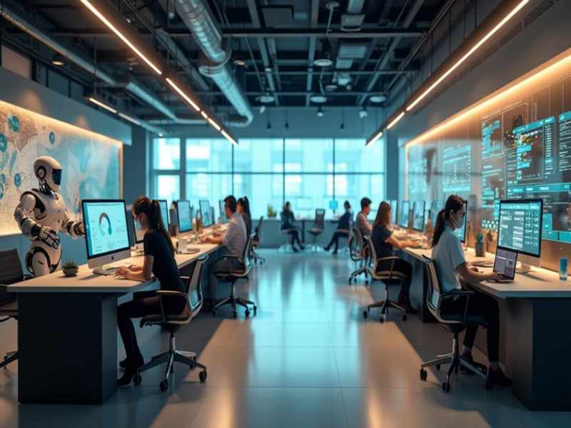 Futuristic enterprise contact center featuring humanoid robots and human staff, visualizing the scale and efficiency of advanced ai-customer-service-automation infrastructure.