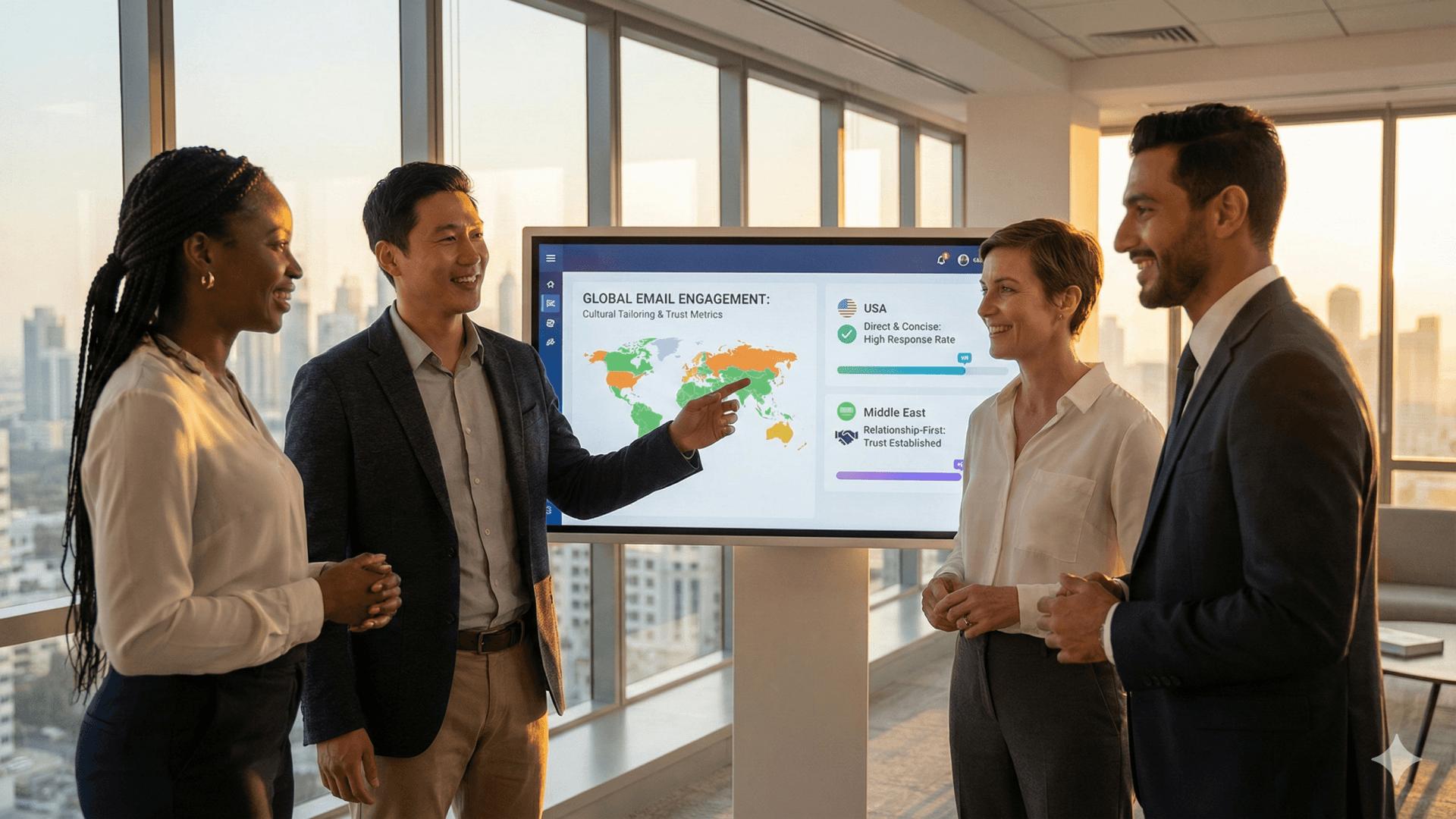 Team analyzing a global engagement map showing cross-cultural communication styles for the USA and Middle East.