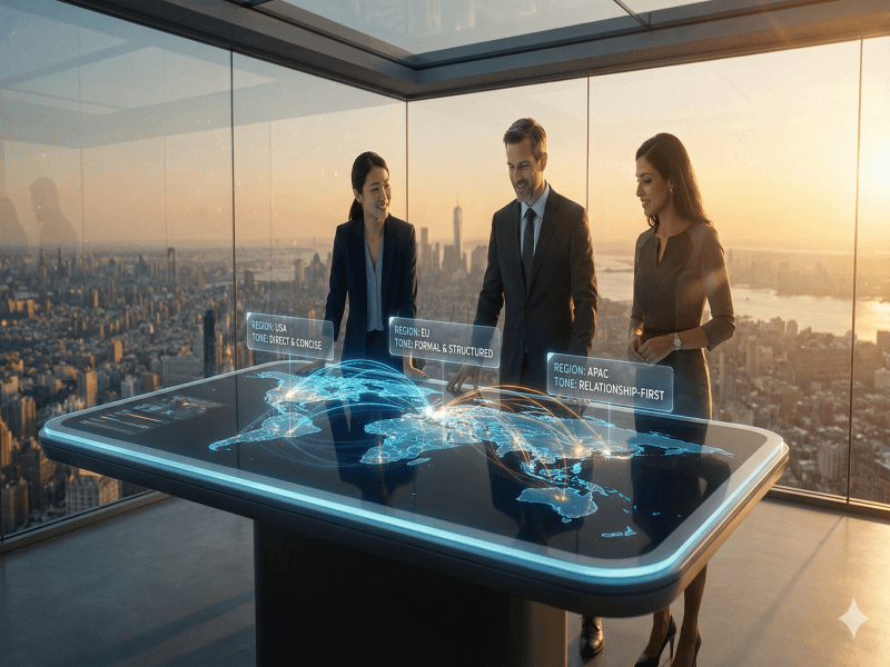 Interactive digital map displaying specific cross-cultural communication tones for USA, EU, and APAC regions.