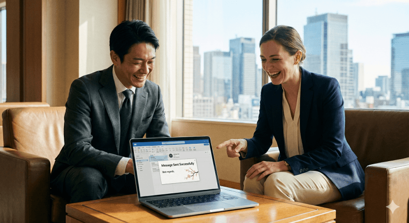 Diverse business professionals smiling at a laptop screen confirming a successfully sent email.