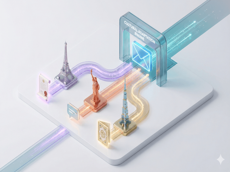 Visualization of a Cultural Adaptation Engine processing global symbols into optimized email messages.