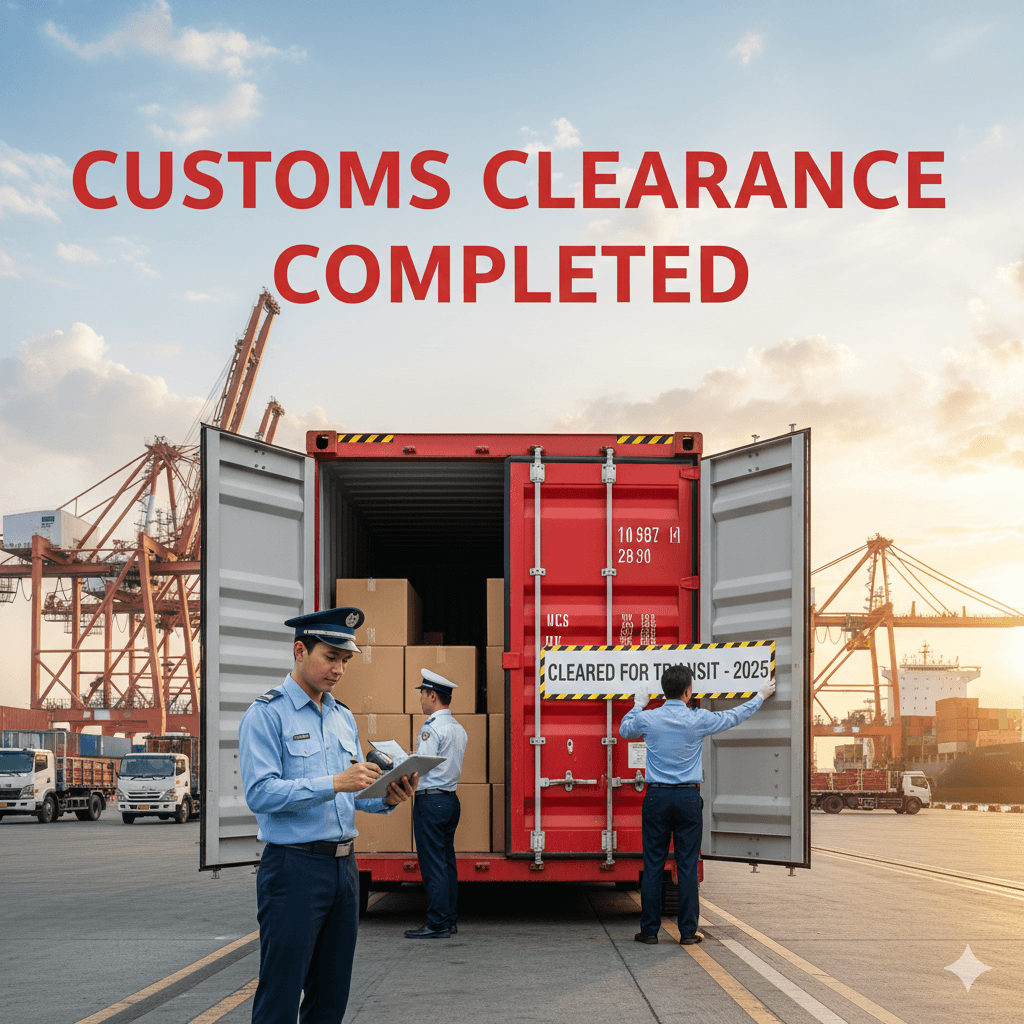 Customs officers verifying cargo at a busy port with a "Customs Clearance Completed" sign on a red shipping container.