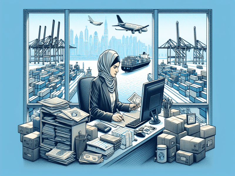 A stylized, blue-toned illustration of a woman wearing a hijab signing documents at a cluttered office desk; a large window behind her overlooks a busy shipping port with cargo ships, cranes, and airplanes.