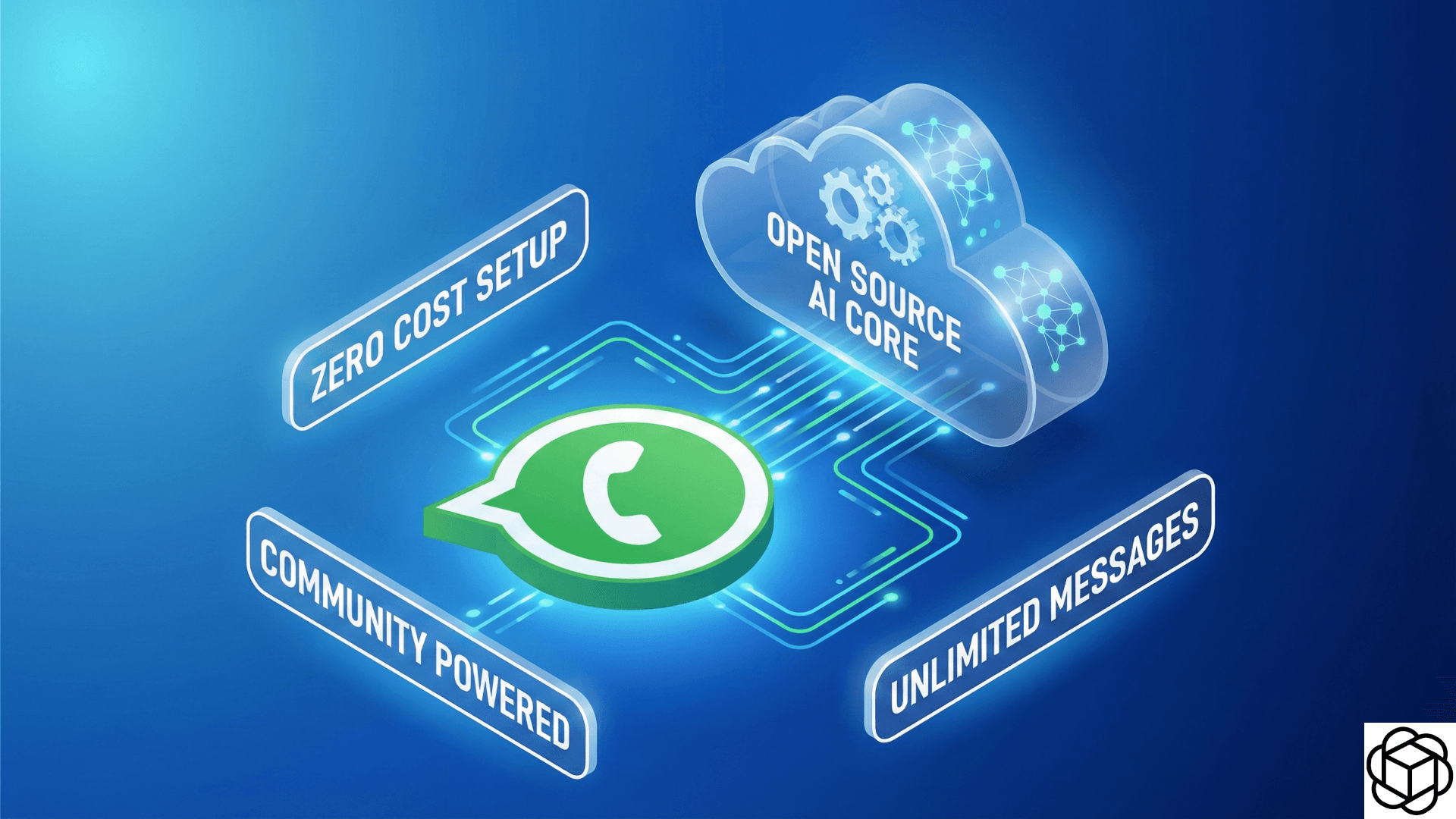 An isometric illustration showing a glowing WhatsApp logo connected to an "Open Source AI Core" cloud. Floating text boxes around it read "Zero Cost Setup," "Community Powered," and "Unlimited Messages," symbolizing a free service.