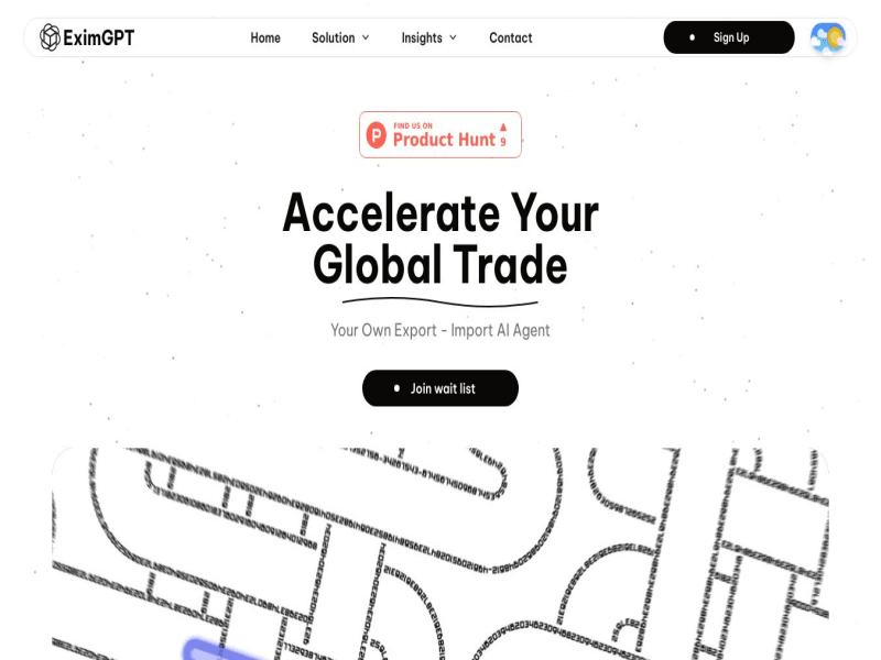 Website homepage screenshot of EximGPT, a RocketReach alternative focused on accelerating global trade with AI agents.