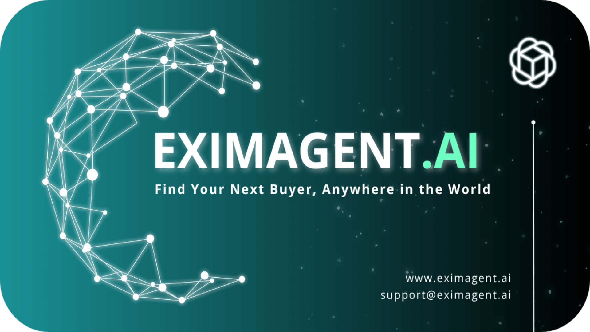 Marketing graphic for Eximagent.AI showing global network connectivity, a key feature for users seeking RocketReach alternatives for cross-border prospecting.