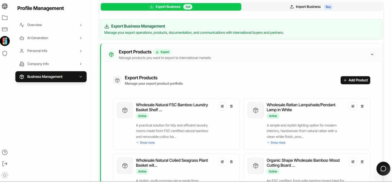 Product management dashboard displaying export inventory and business tools, demonstrating the backend capabilities of a custom AI chatbot website builder for global trade.
