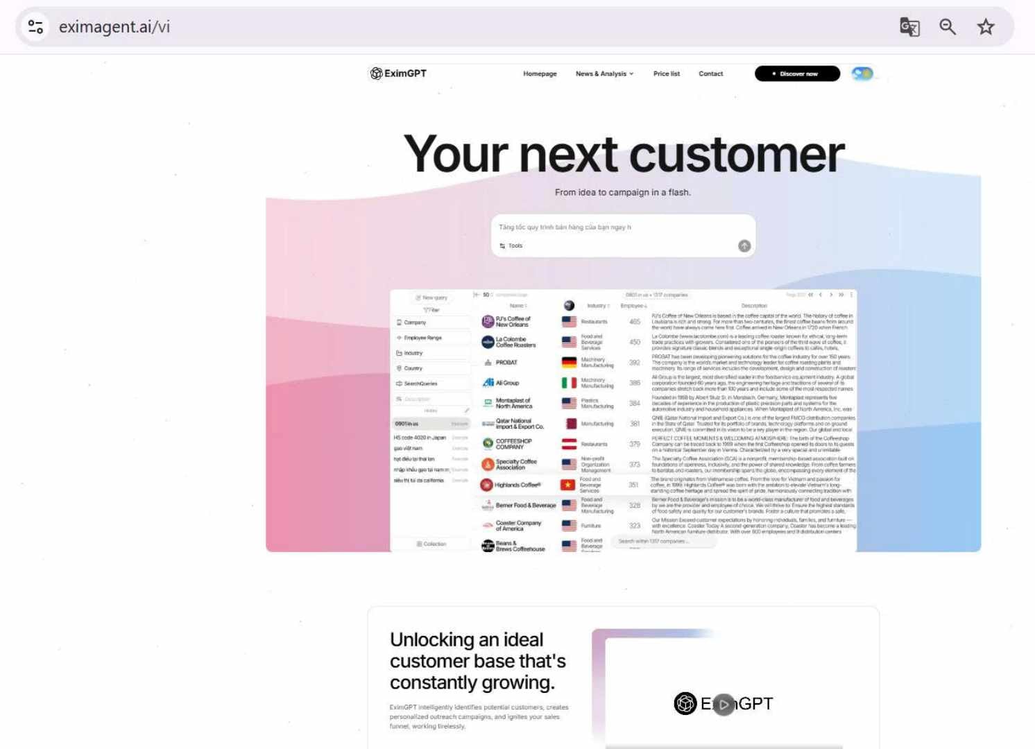 B2B customer discovery interface listing potential trade leads and company data, powered by a custom AI chatbot website builder to automate sales campaigns.