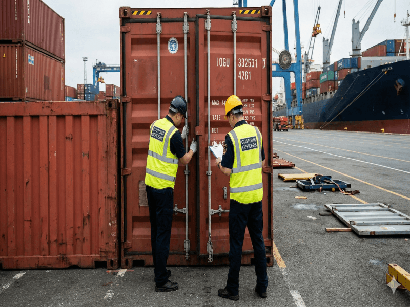 Customs officers performing a physical inspection on Red Channel cargo at the port.