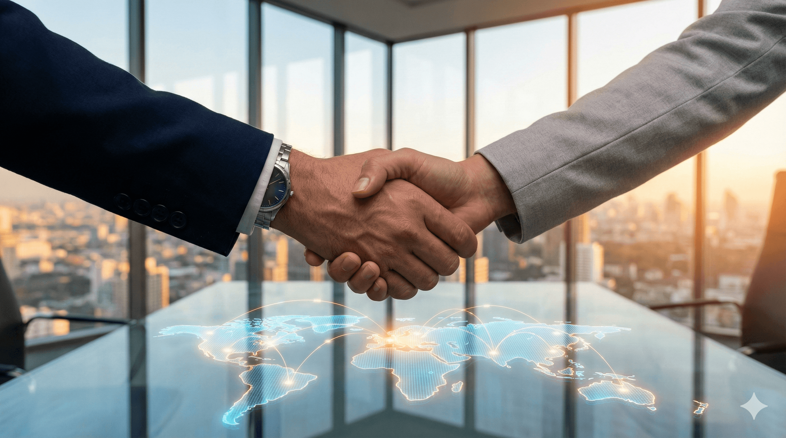 Close-up of a professional handshake over a digital world map, symbolizing successful cross-border partnerships facilitated by TradeAtlas, Apollo, and EximGPT solutions.