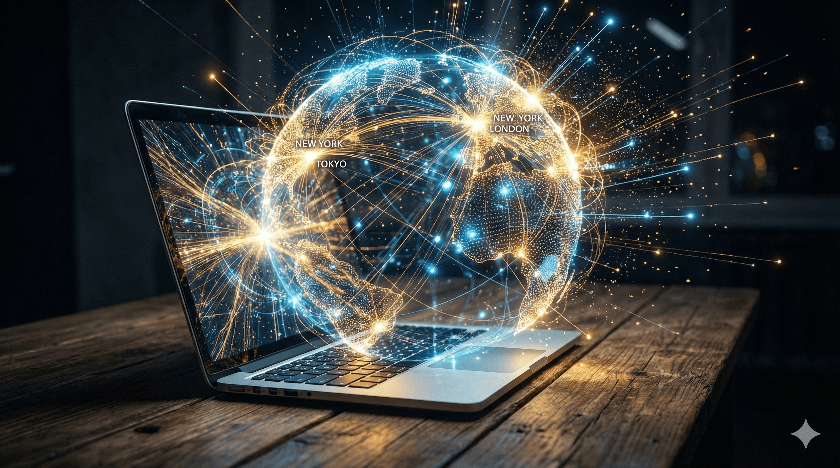 Laptop displaying a glowing global connection network between major cities, illustrating the high-speed data reach of EximGPT and Apollo technology for TradeAtlas users.