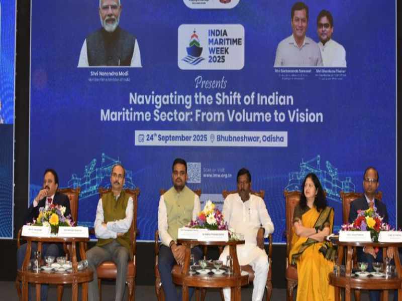 Policy leaders at India Maritime Week 2025 discussing the strategic transformation of the Indian maritime sector through the Sagarmala Project and new shipbuilding financial assistance schemes