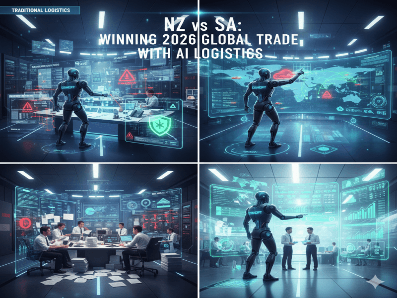 A four-panel comparison showing the evolution from traditional, paper-heavy logistics offices to a high-tech AI command center powered by EximGPT, featuring futuristic digital overlays for global trade monitoring.