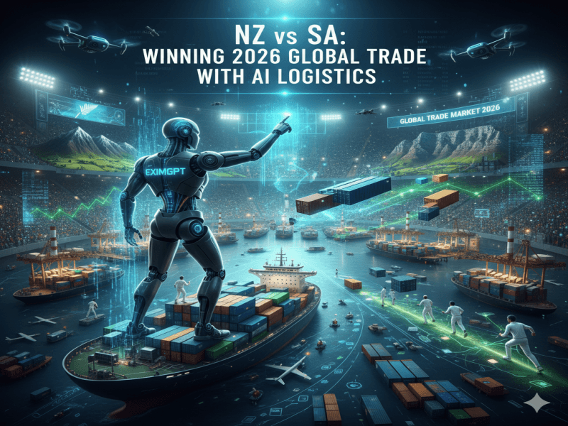 A futuristic AI robot branded 'EximGPT' stands on a container ship in a massive trade stadium, symbolizing the high-velocity strategy needed to win the 2026 global trade market between New Zealand and South Africa.