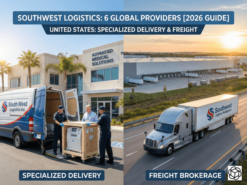Split view contrasting Southwest Logistics specialized medical delivery with freight brokerage trucking services.