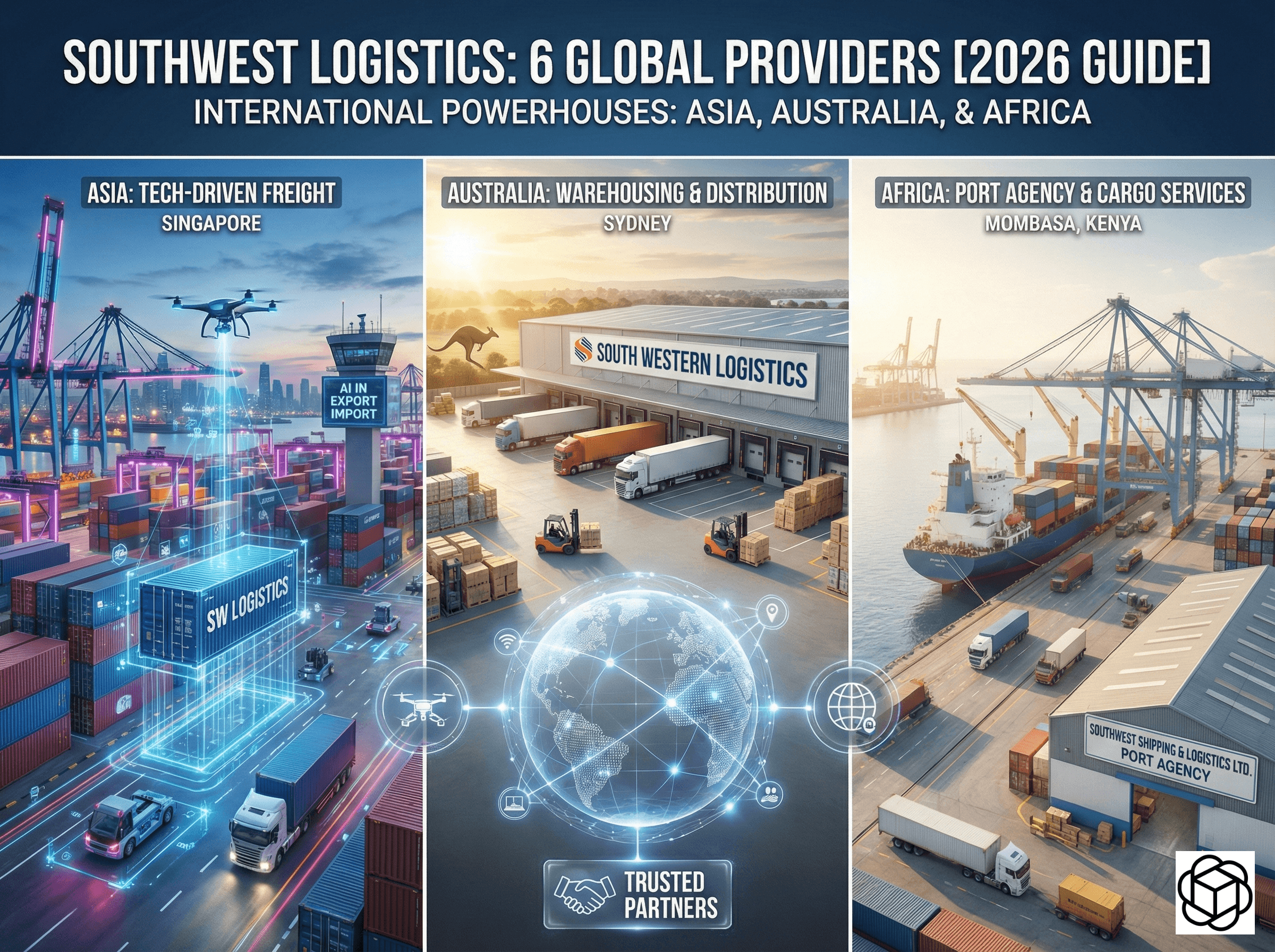 Southwest Logistics 2026 infographic showcasing global operational hubs in Asia, Australia, and Africa.