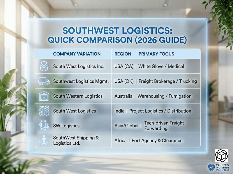 Comparison chart listing six global Southwest Logistics providers by region and primary service focus.