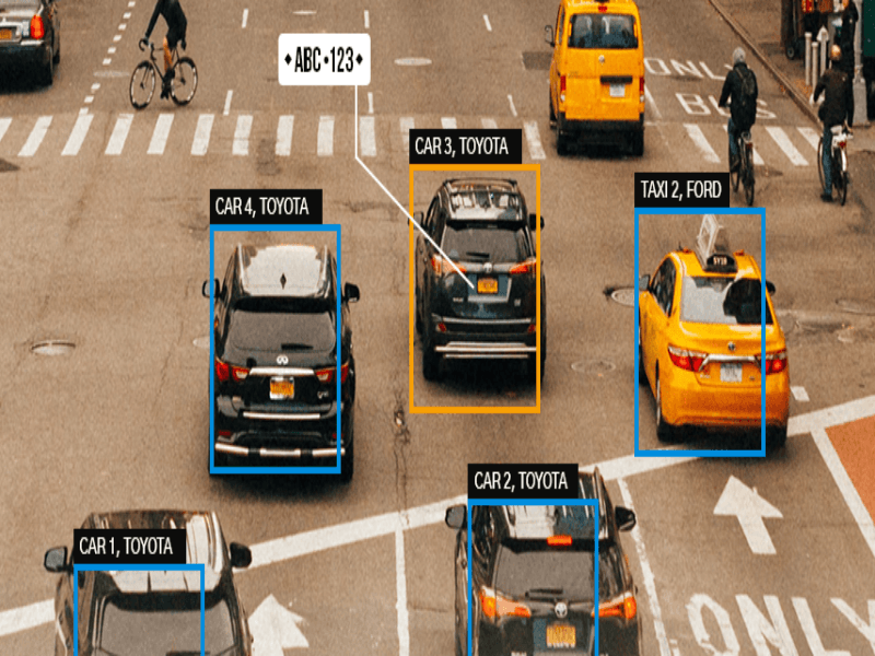 An autonomous vehicle dashboard using computer vision and AI sensors to navigate a city street safely.