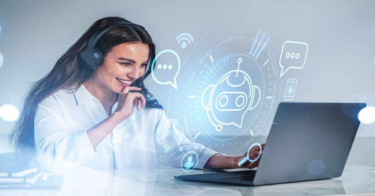 Customer support representative using an ai-customer-service-automation interface with a holographic chatbot overlay to streamline client communication.