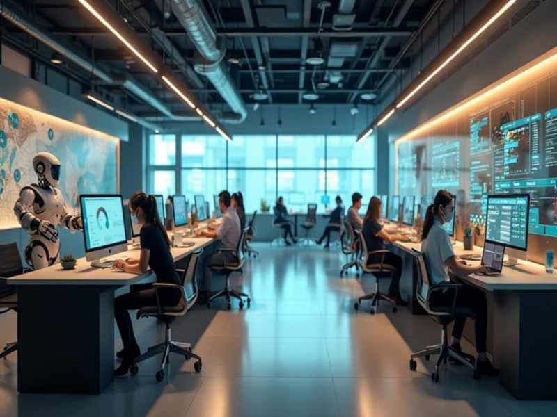 Futuristic enterprise contact center featuring humanoid robots and human staff, visualizing the scale and efficiency of advanced ai-customer-service-automation infrastructure.