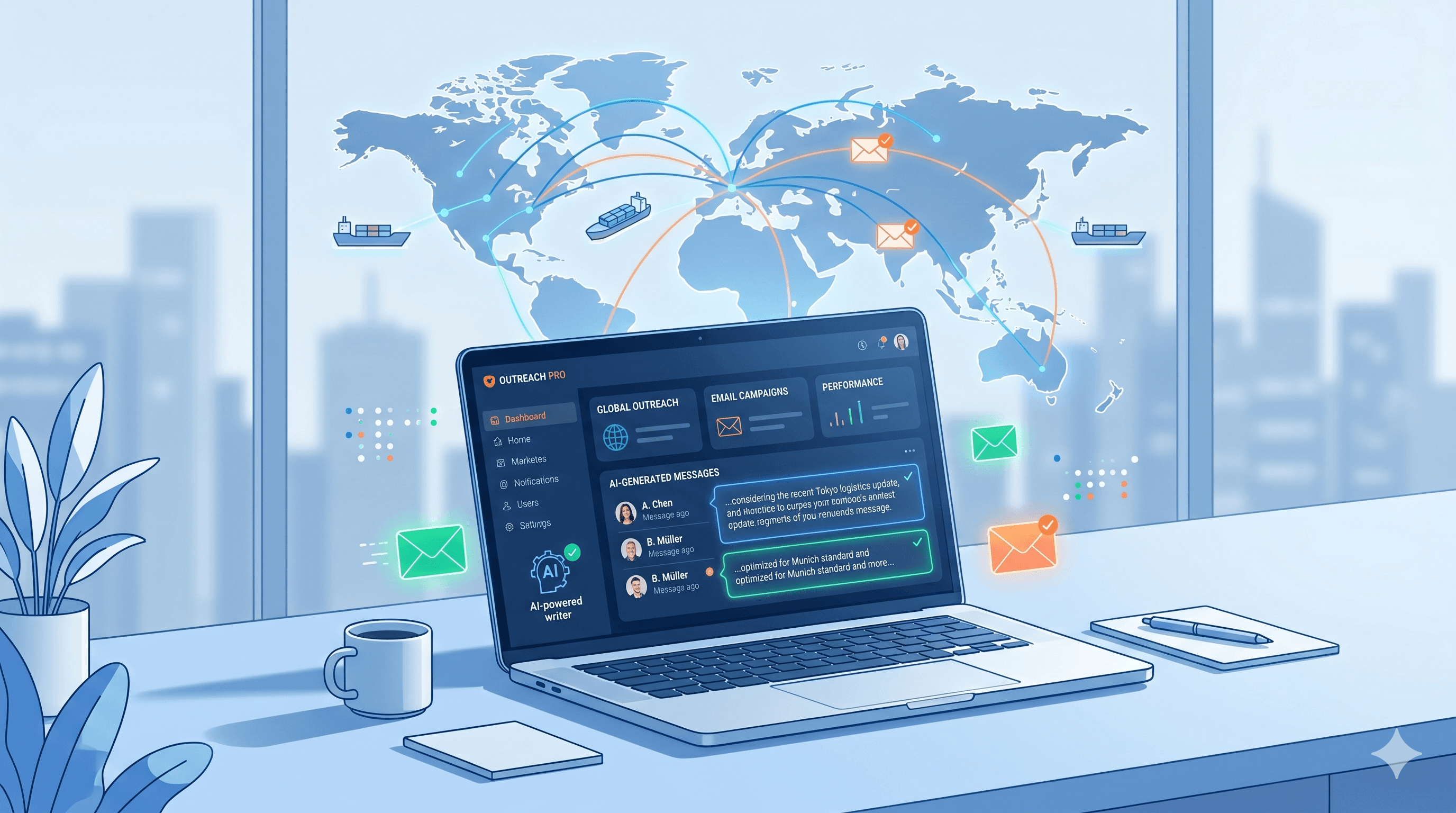 An ultra-realistic 3D render of the previous global network concept. Four lifelike business professionals in professional attire work on laptops at desks positioned over a detailed, textured world map. The image features cinematic lighting, realistic textures for the clothing and tech, and glowing holographic trade routes with miniature cargo ships and planes moving between continents.