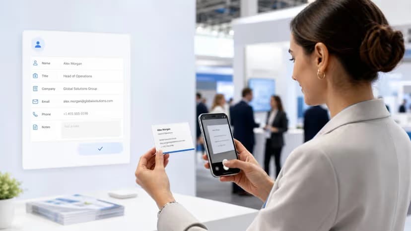Illustration of a trade-show representative scanning a business card into editable contact fields